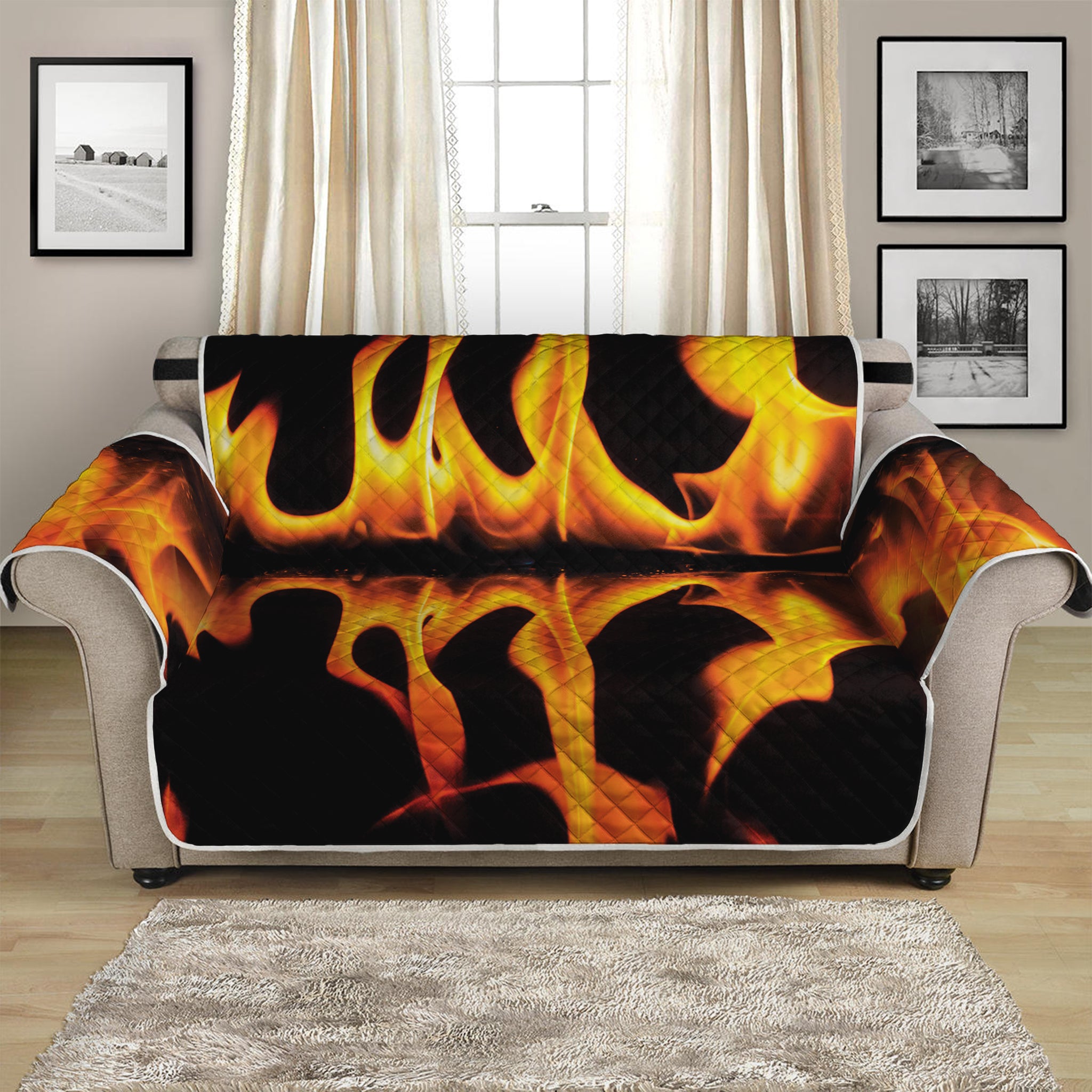 Fire Flame Burning Print Loveseat Protector