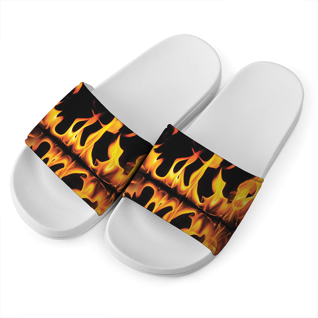 Fire Flame Burning Print White Slide Sandals