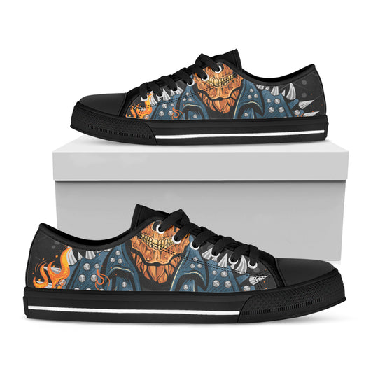 Fire Punk Devil Print Black Low Top Shoes 