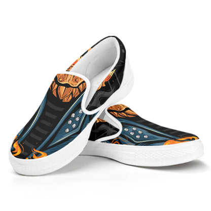 Fire Punk Devil Print White Slip On Shoes
