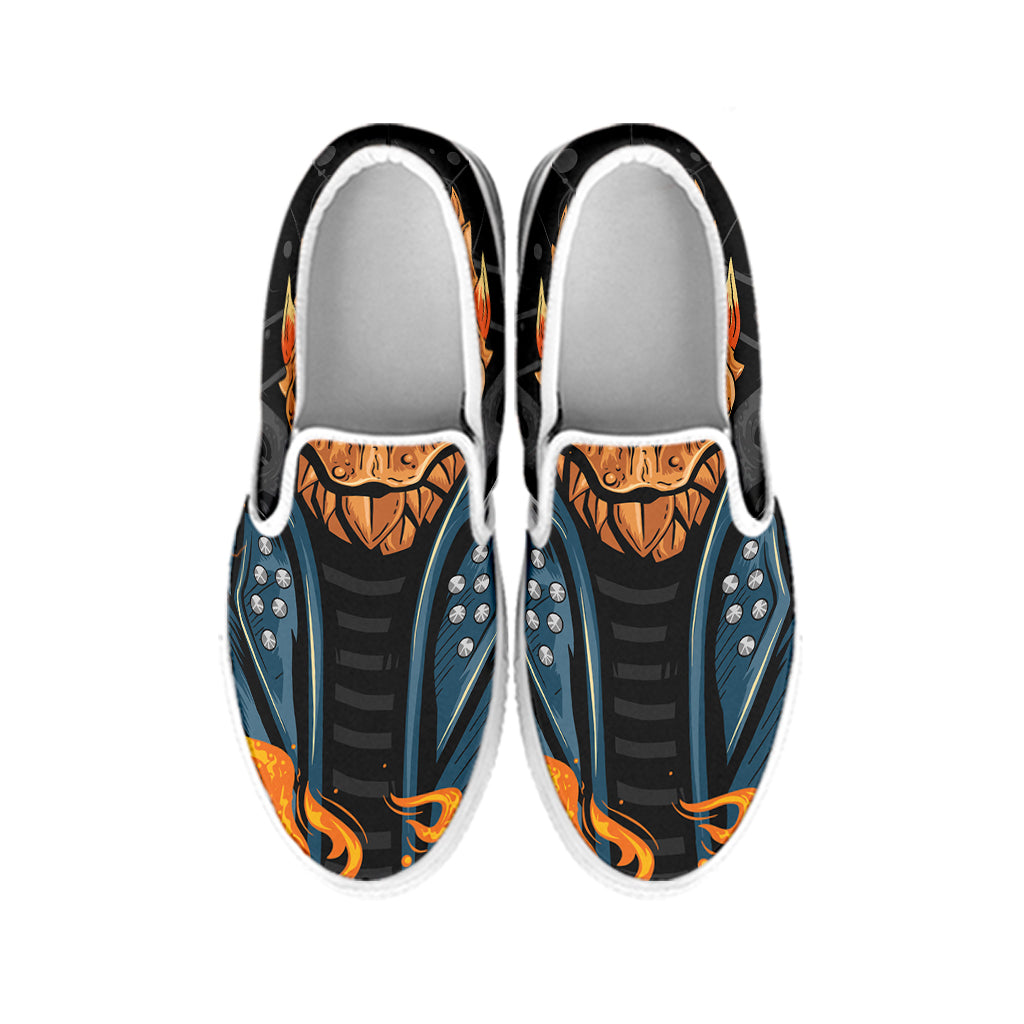 Fire Punk Devil Print White Slip On Shoes