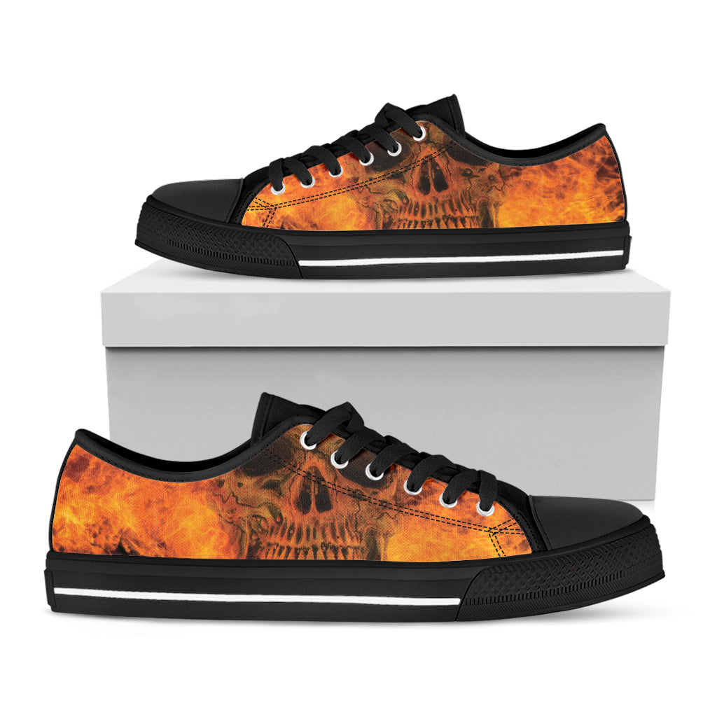 Fire Skull Print Black Low Top Shoes 