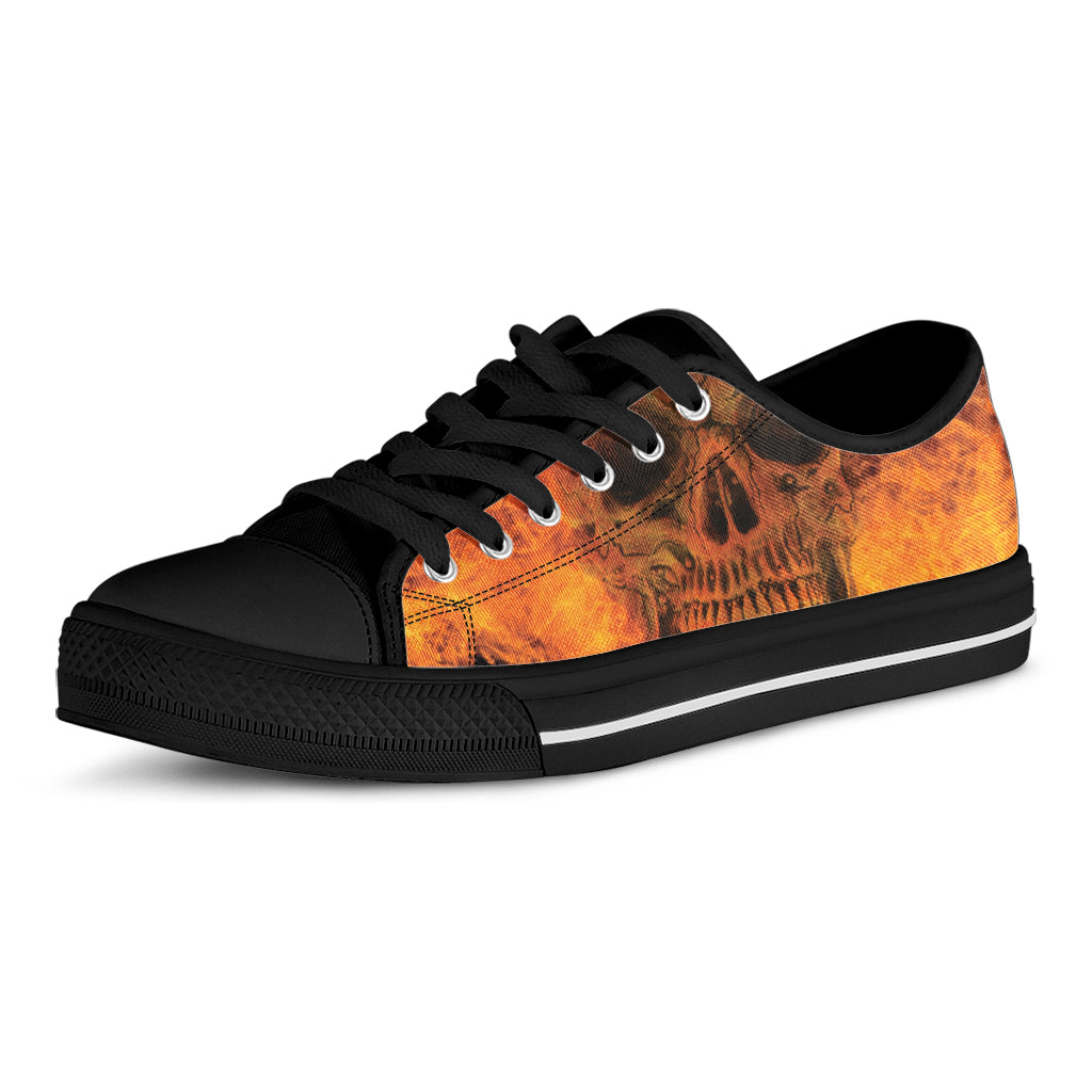 Fire Skull Print Black Low Top Shoes 