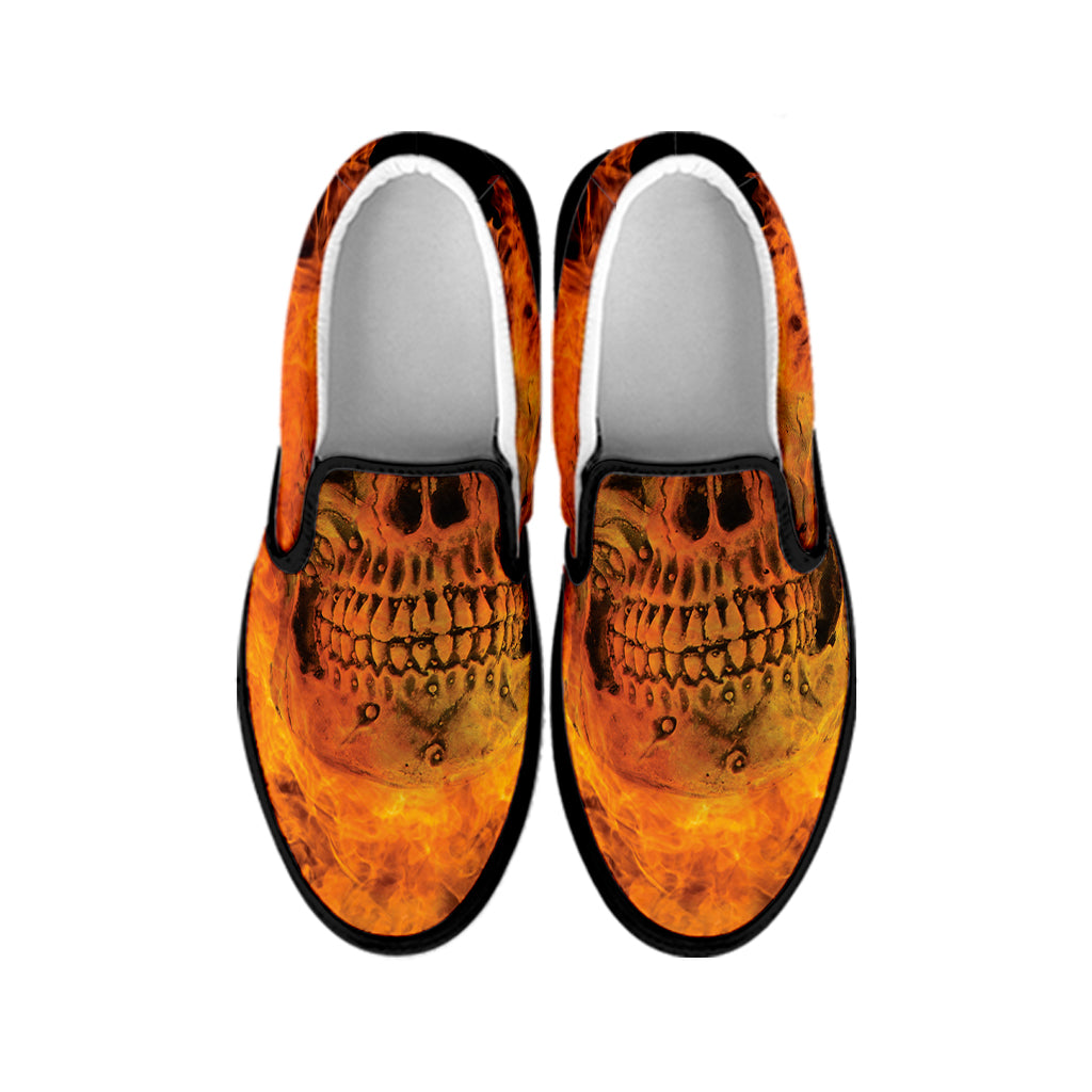 Fire Skull Print Black Slip On Shoes