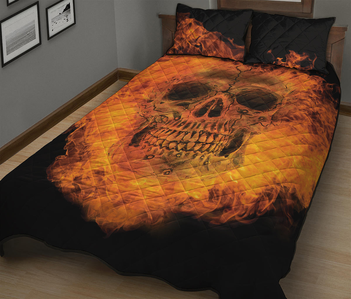 Fire Skull Print Quilt Bed Set