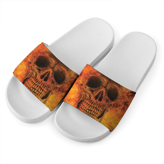 Fire Skull Print White Slide Sandals