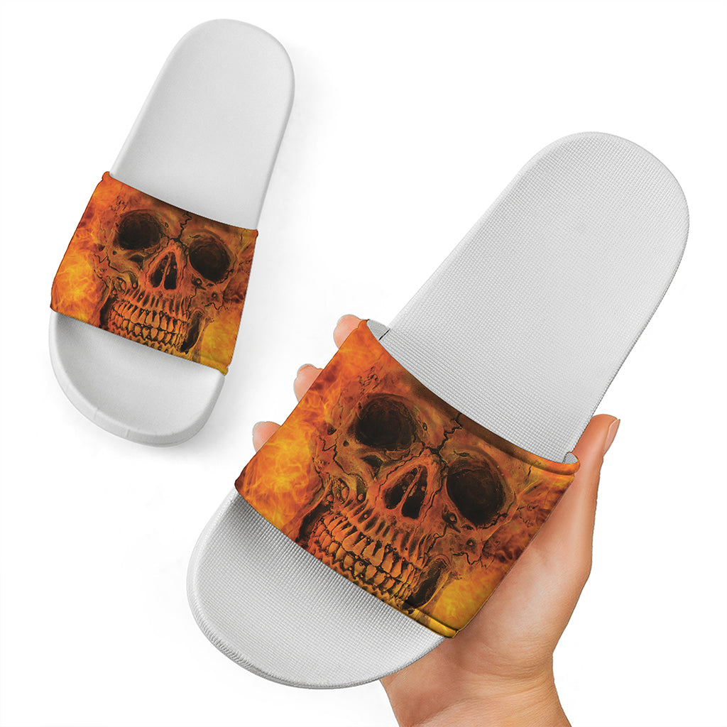 Fire Skull Print White Slide Sandals