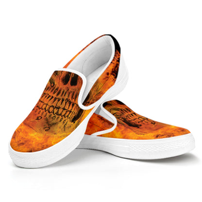 Fire Skull Print White Slip On Shoes