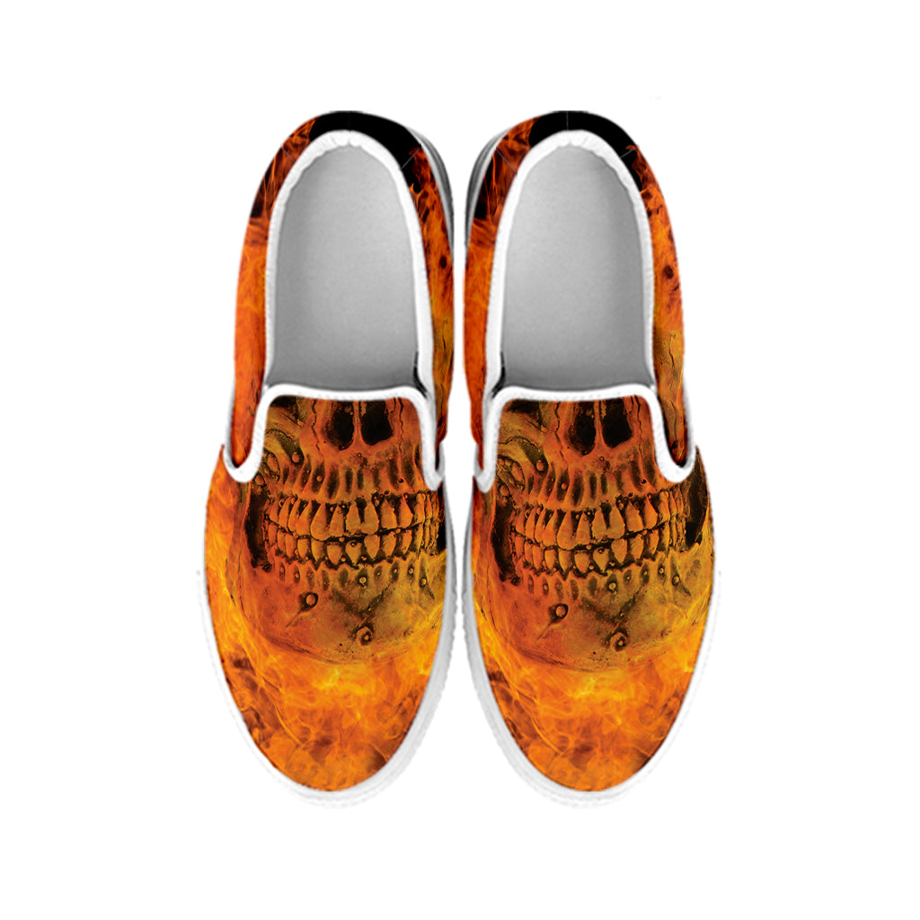 Fire Skull Print White Slip On Shoes