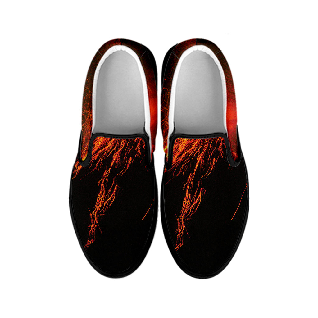 Fire Volcano Print Black Slip On Shoes