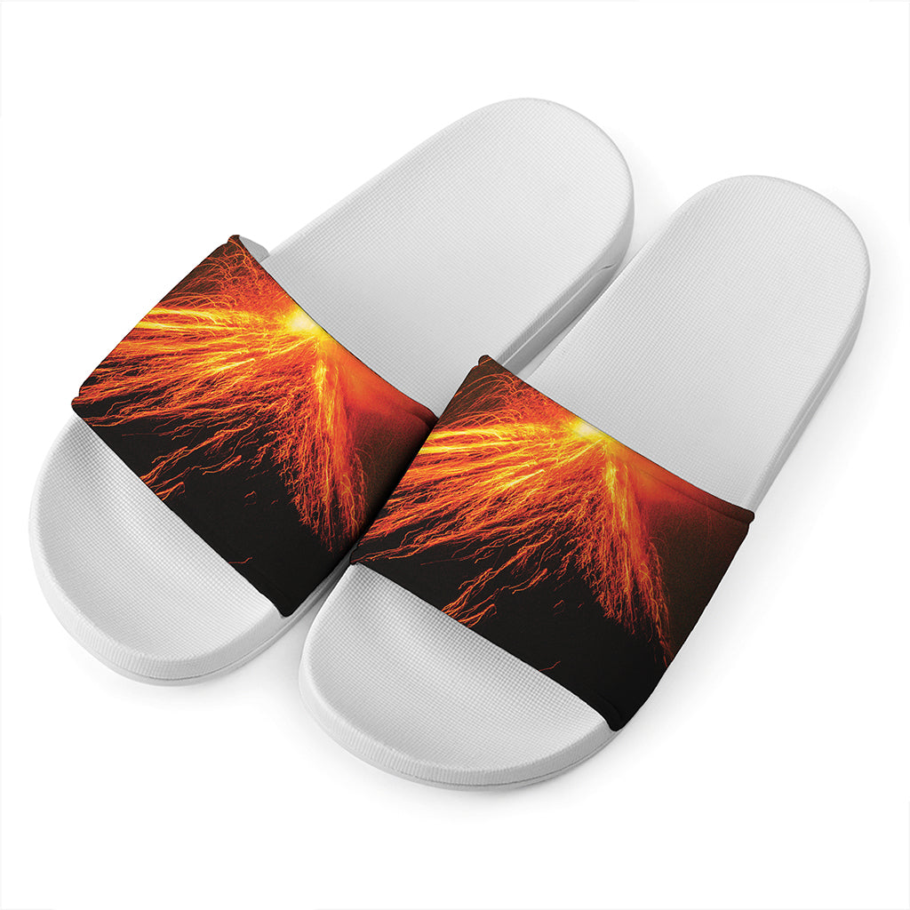 Fire Volcano Print White Slide Sandals