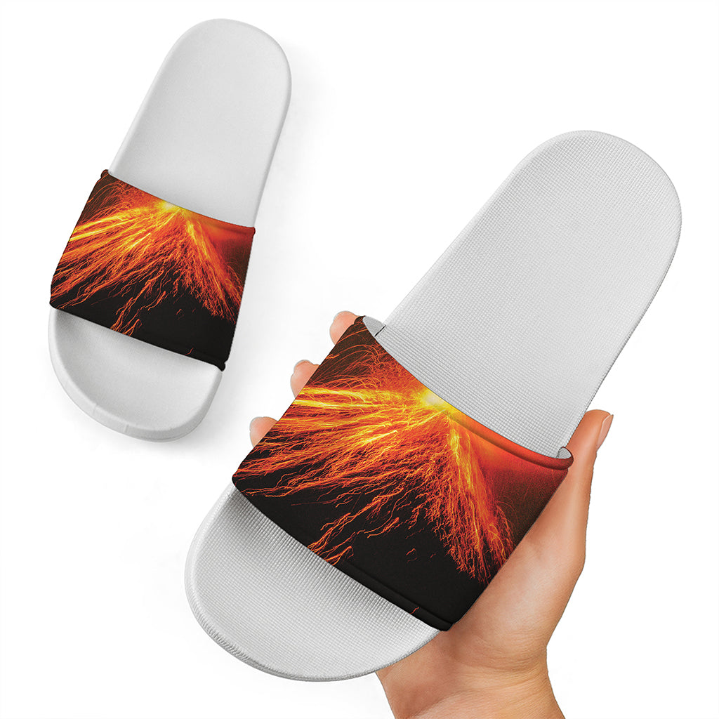 Fire Volcano Print White Slide Sandals