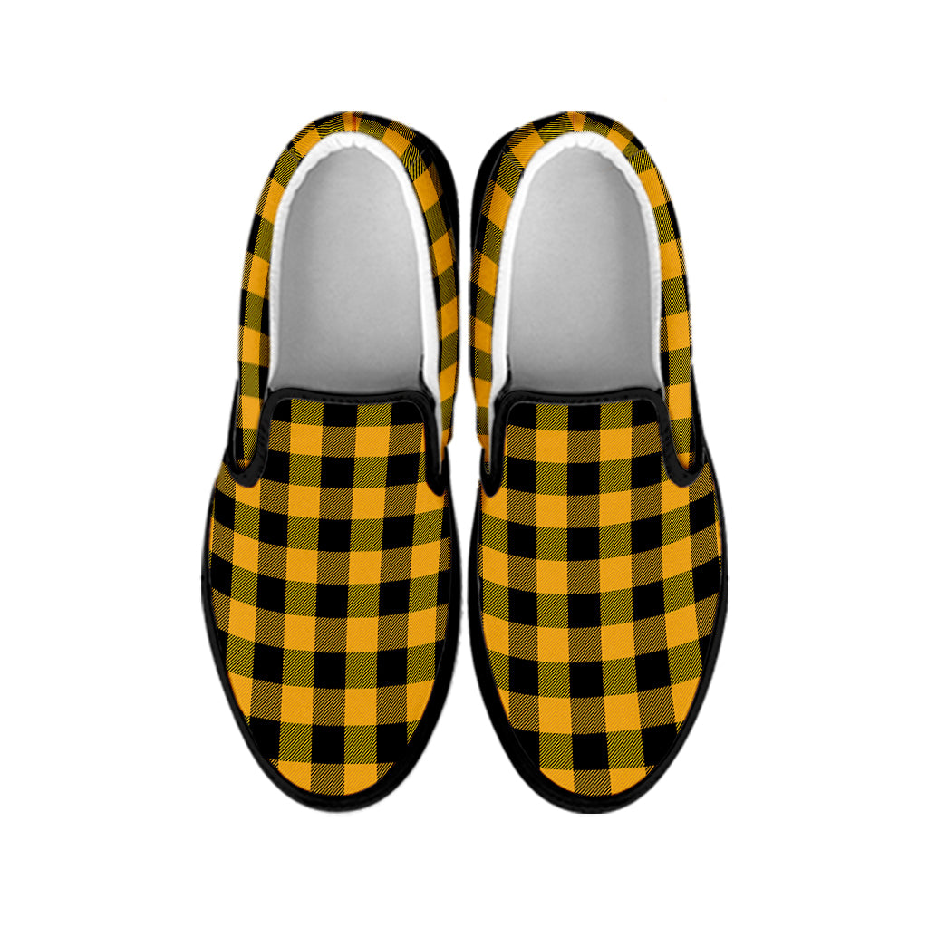 Fire Yellow Buffalo Check Pattern Print Black Slip On Shoes