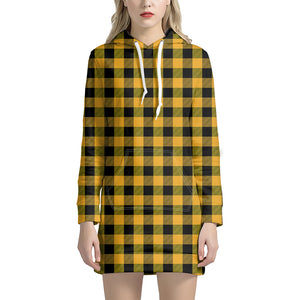 Fire Yellow Buffalo Check Pattern Print Hoodie Dress