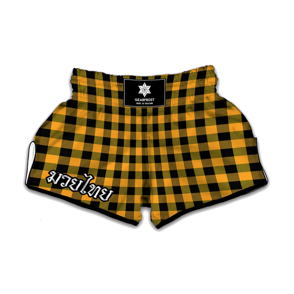 Fire Yellow Buffalo Check Pattern Print Muay Thai Boxing Shorts