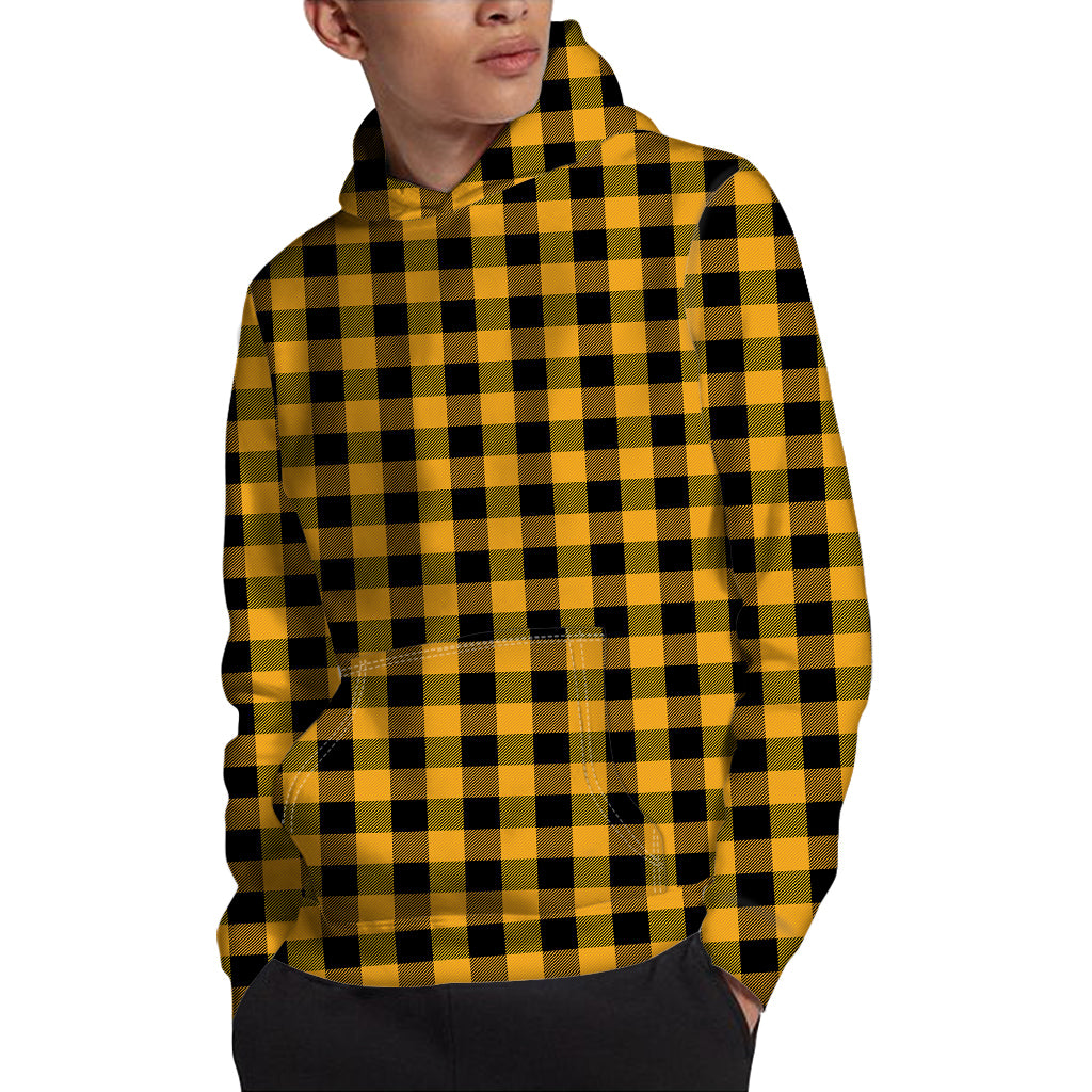 Fire Yellow Buffalo Check Pattern Print Pullover Hoodie