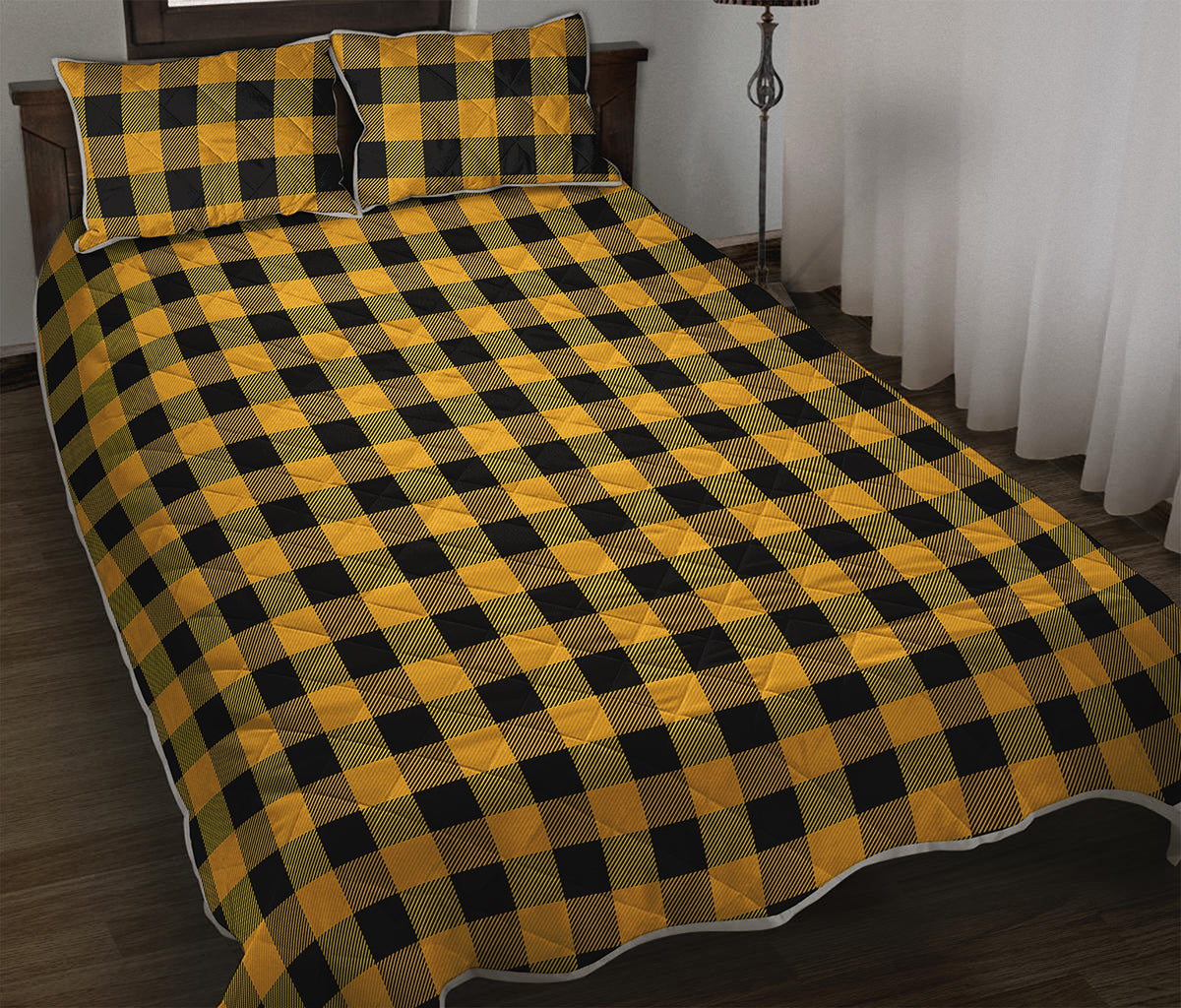 Fire Yellow Buffalo Check Pattern Print Quilt Bed Set