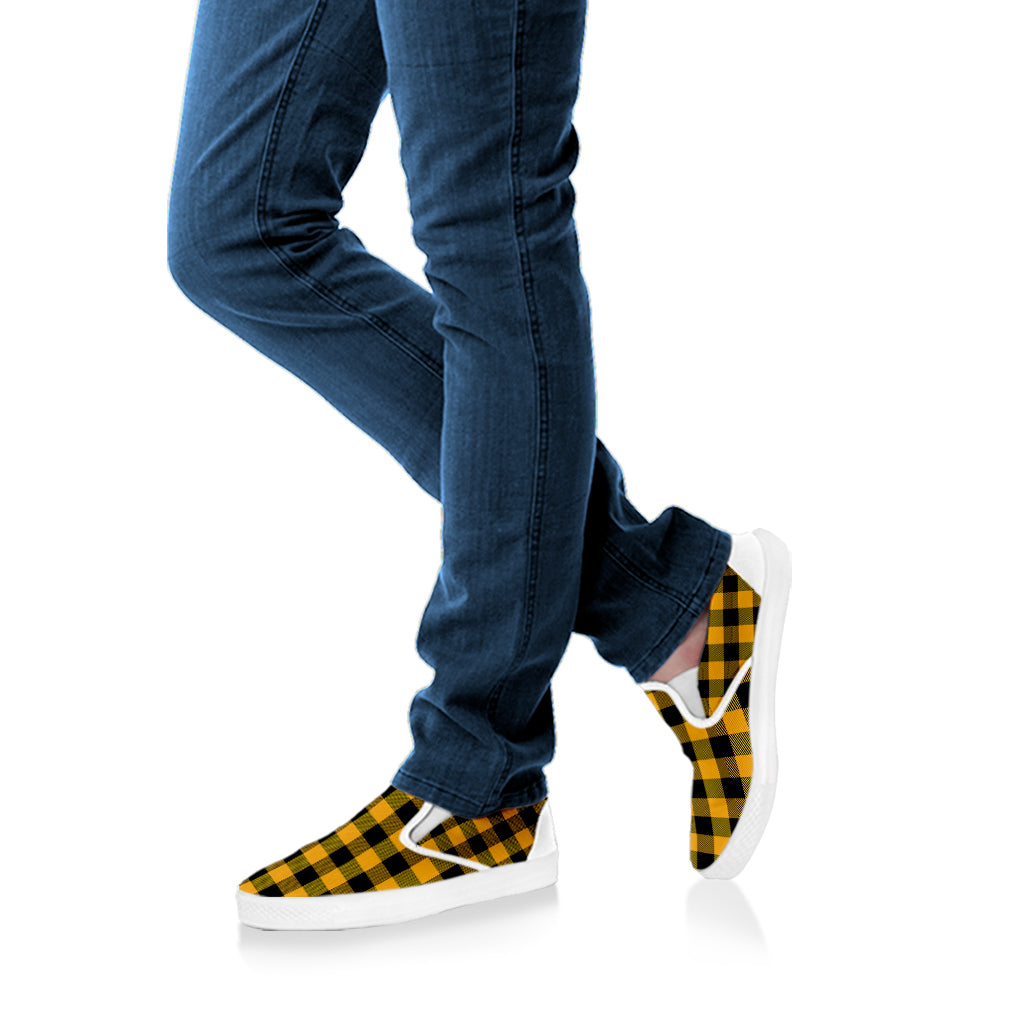 Fire Yellow Buffalo Check Pattern Print White Slip On Shoes