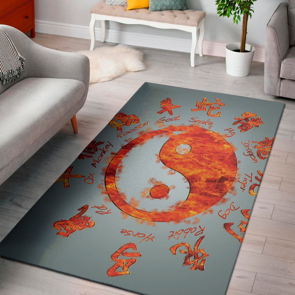 Fire Yin Yang Chinese Zodiac Print Area Rug