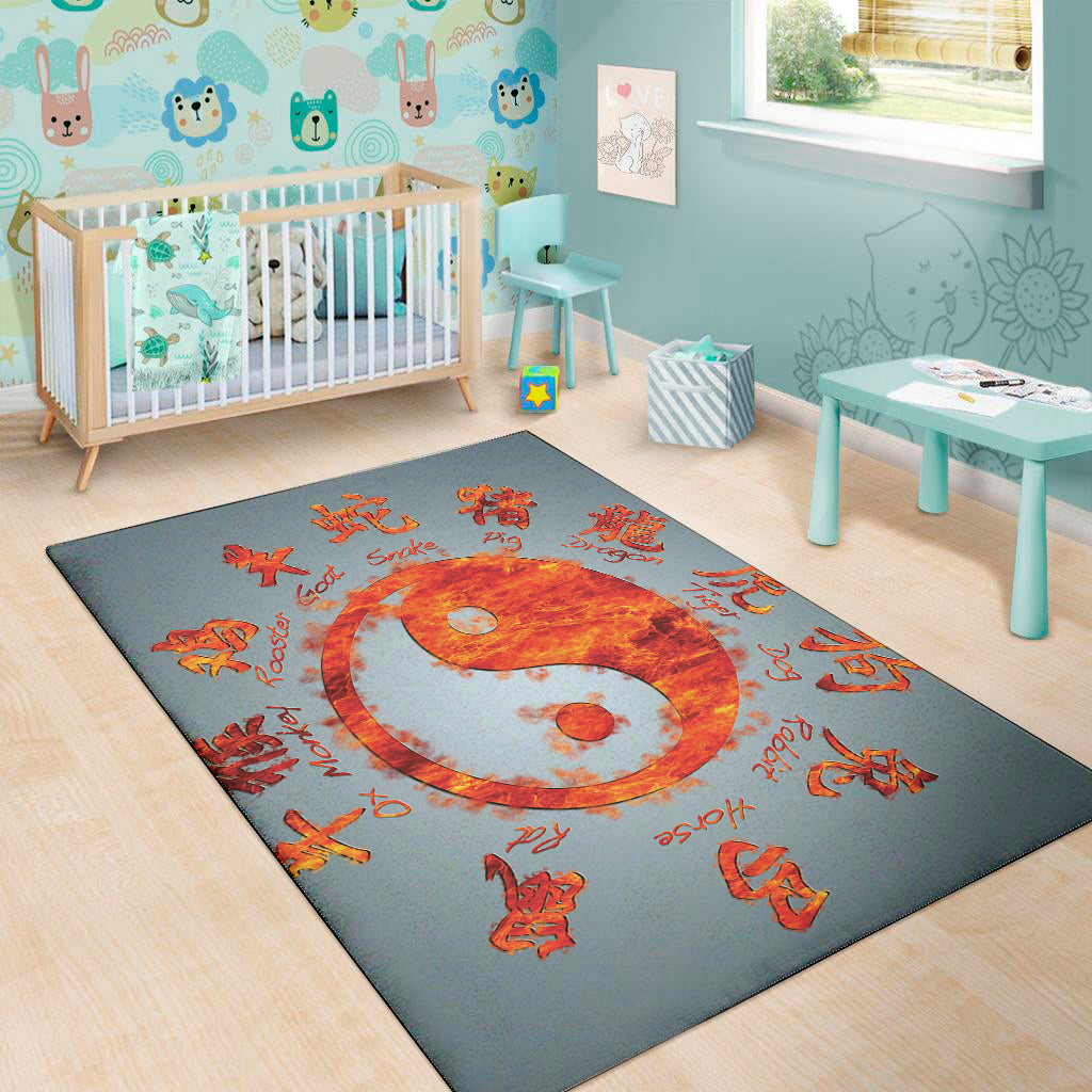 Fire Yin Yang Chinese Zodiac Print Area Rug