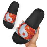 Fire Yin Yang Chinese Zodiac Print Black Slide Sandals