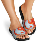 Fire Yin Yang Chinese Zodiac Print Black Slide Sandals