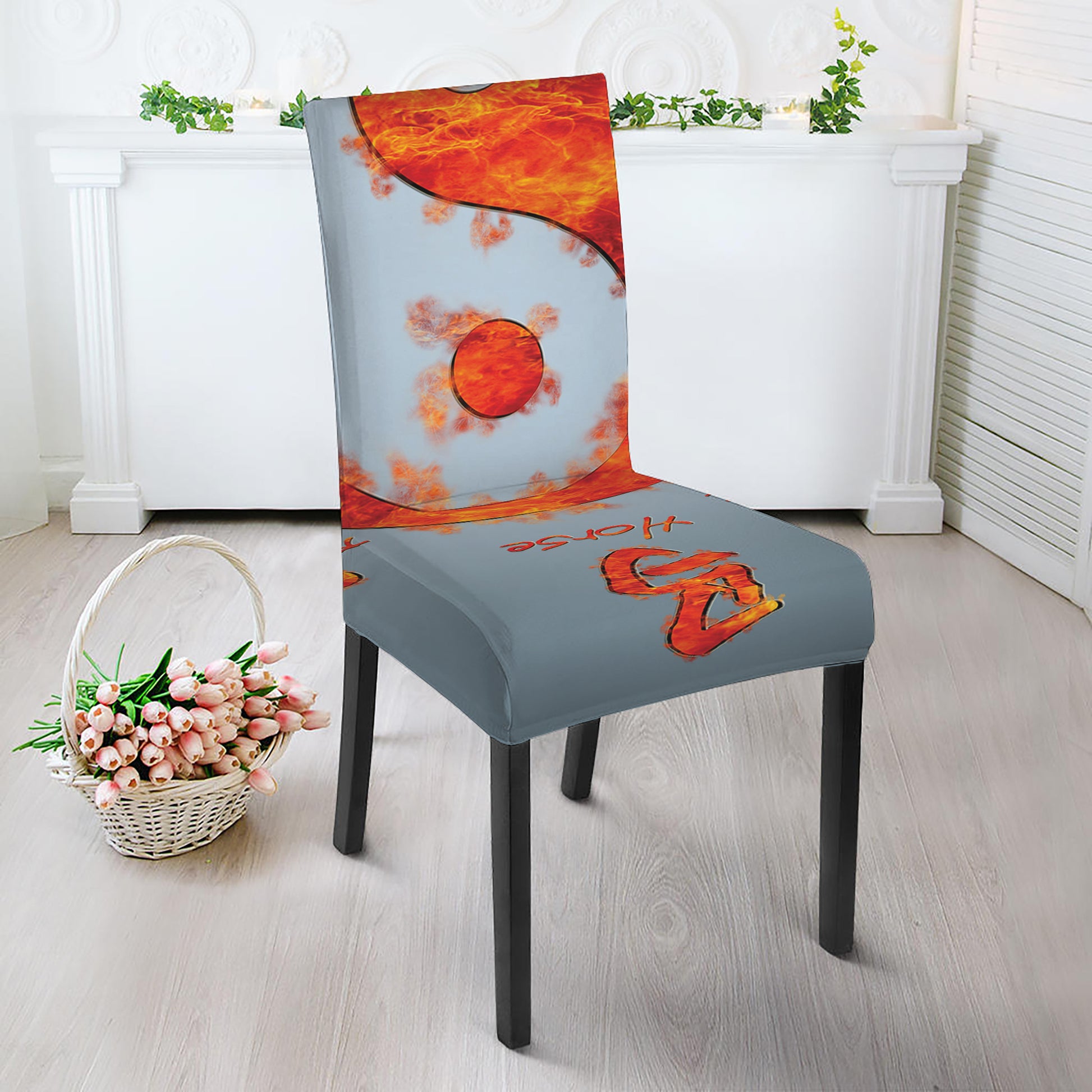 Fire Yin Yang Chinese Zodiac Print Dining Chair Slipcover