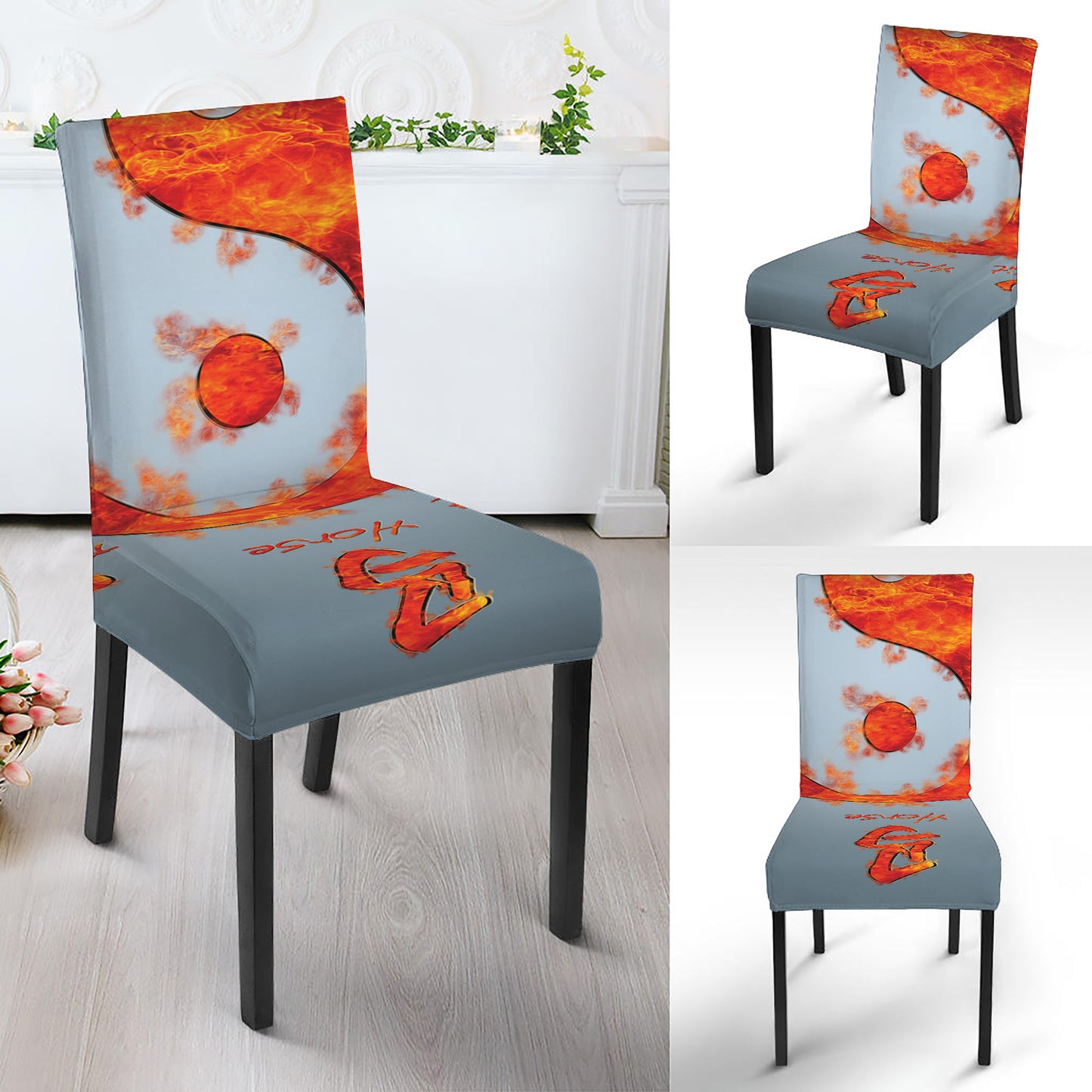 Fire Yin Yang Chinese Zodiac Print Dining Chair Slipcover