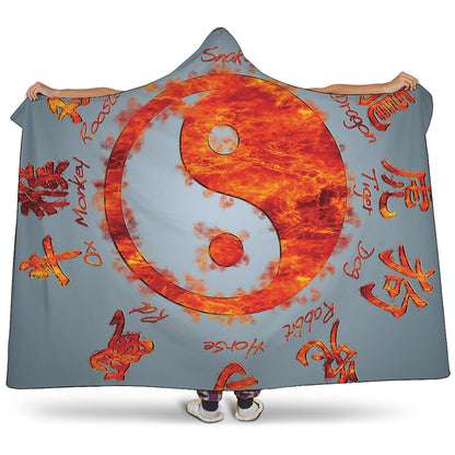 Fire Yin Yang Chinese Zodiac Print Hooded Blanket