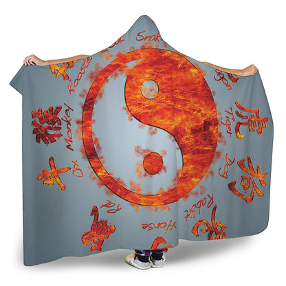 Fire Yin Yang Chinese Zodiac Print Hooded Blanket