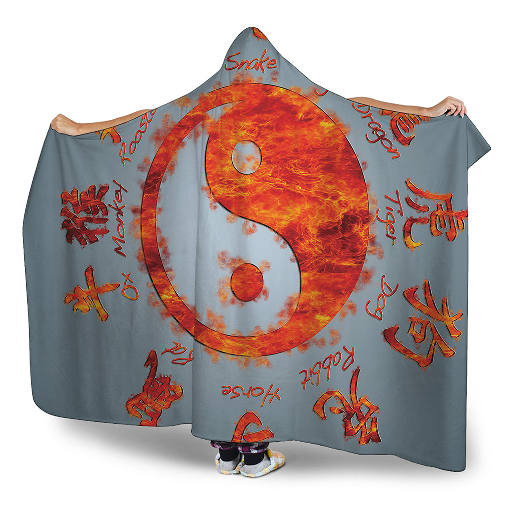 Fire Yin Yang Chinese Zodiac Print Hooded Blanket