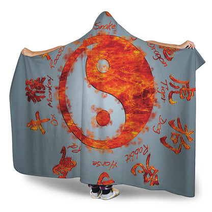 Fire Yin Yang Chinese Zodiac Print Hooded Blanket