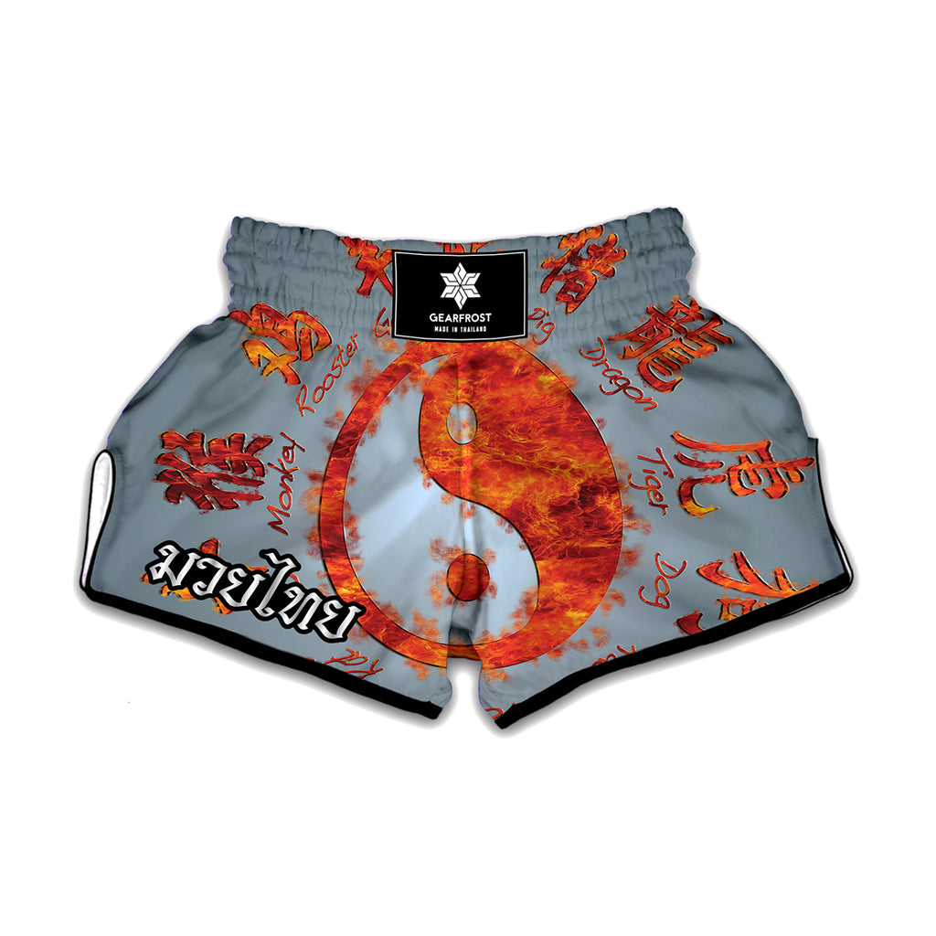 Fire Yin Yang Chinese Zodiac Print Muay Thai Boxing Shorts