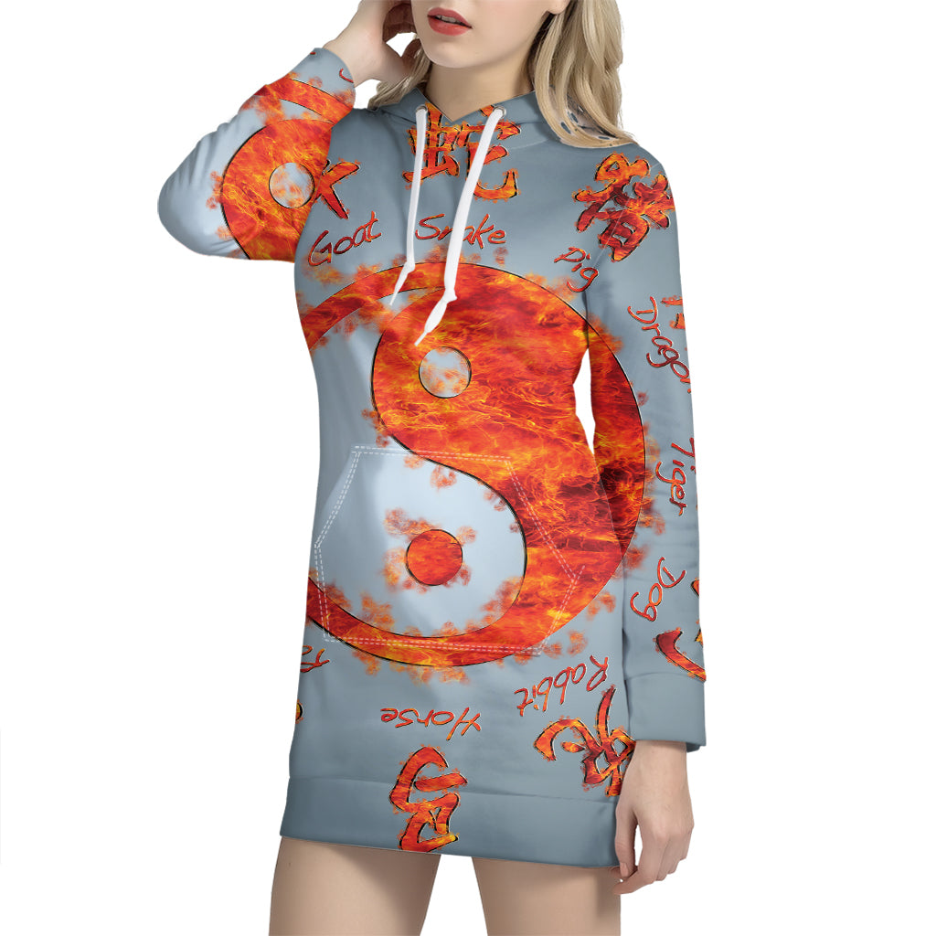 Fire Yin Yang Chinese Zodiac Print Pullover Hoodie Dress