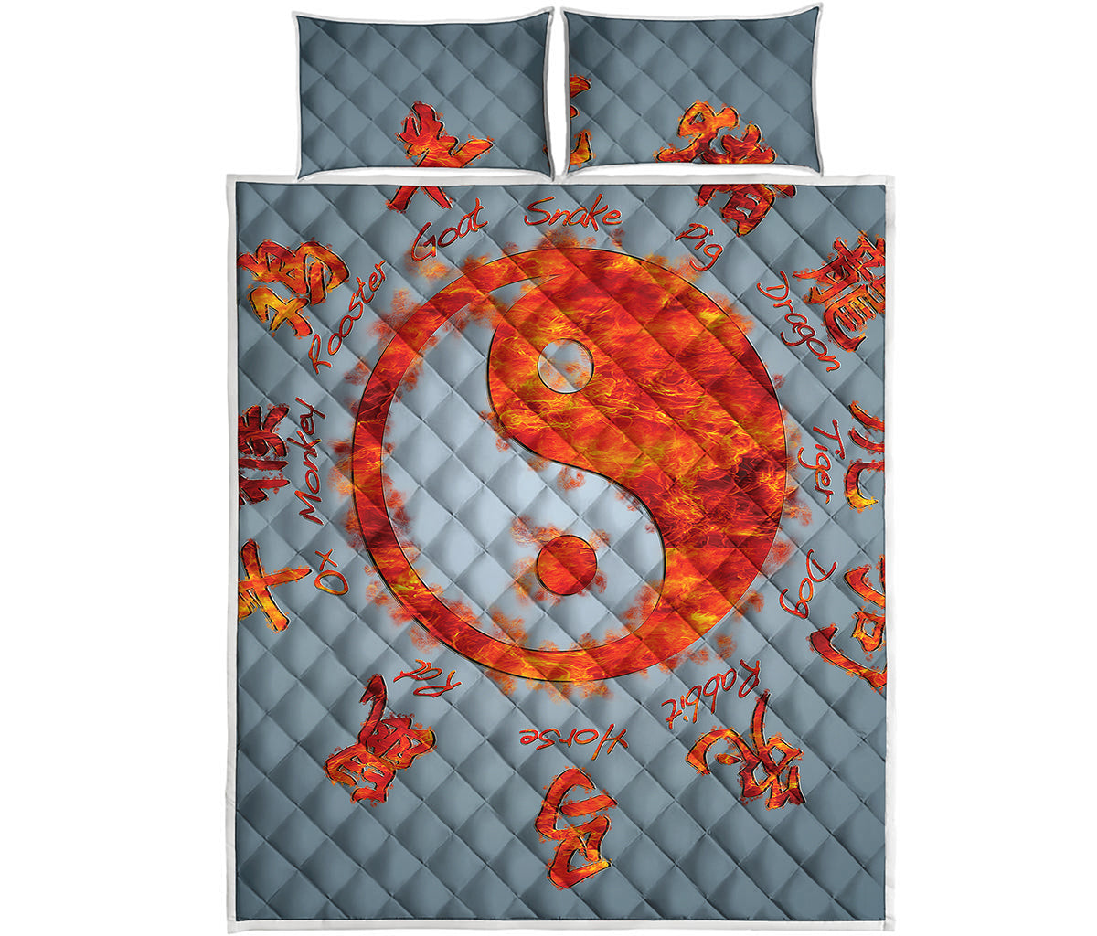 Fire Yin Yang Chinese Zodiac Print Quilt Bed Set