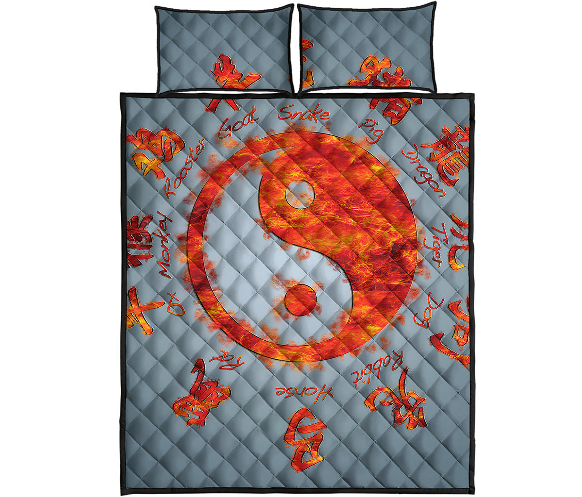 Fire Yin Yang Chinese Zodiac Print Quilt Bed Set