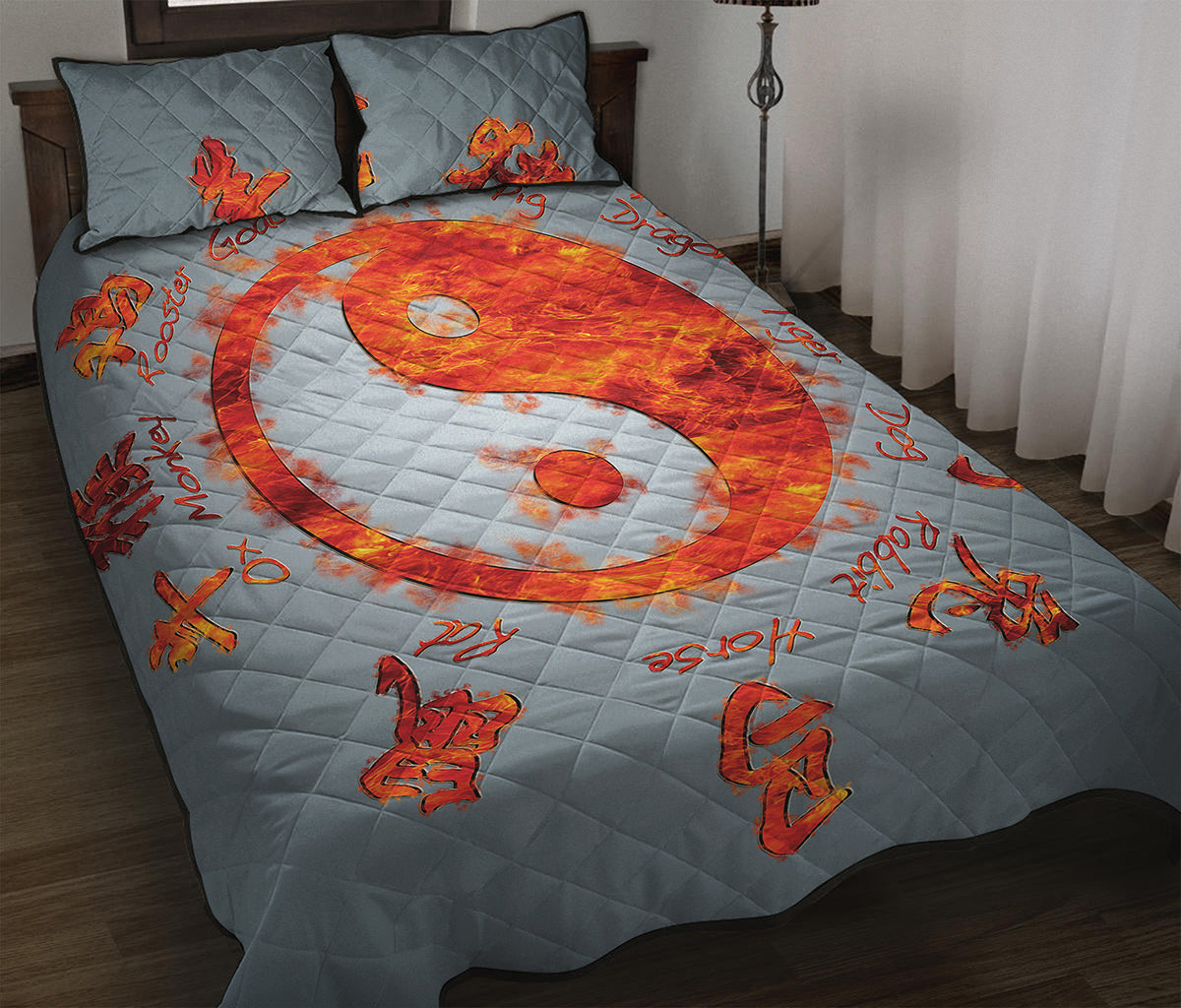 Fire Yin Yang Chinese Zodiac Print Quilt Bed Set