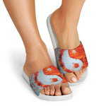 Fire Yin Yang Chinese Zodiac Print White Slide Sandals