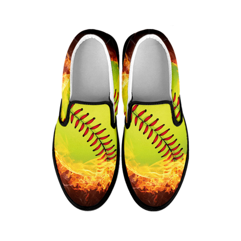 Fireball Softball Print Black Slip On Shoes