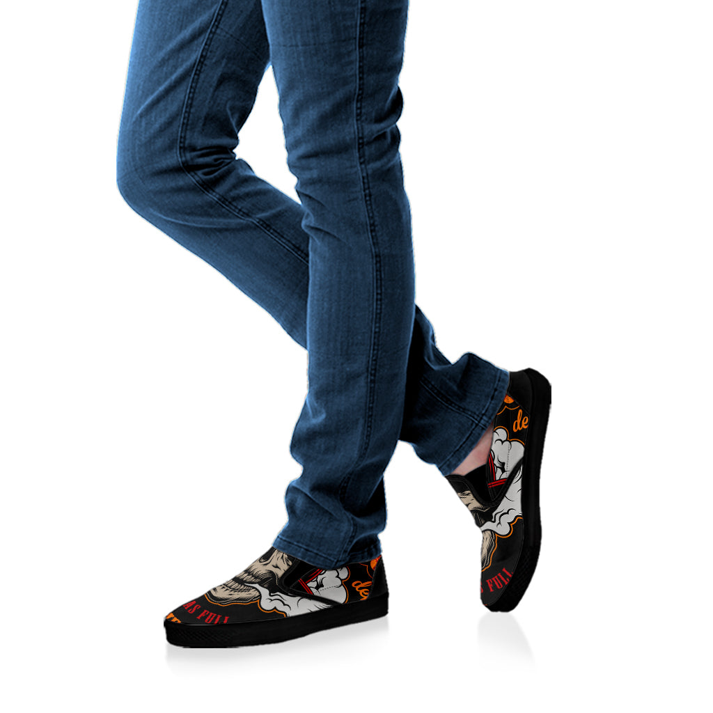 Firefighter Department Skull Print Black Slip On Shoes