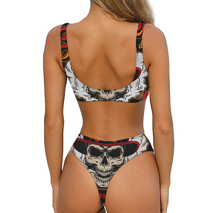 Firefighter Department Skull Print Front Bow Tie Bikini