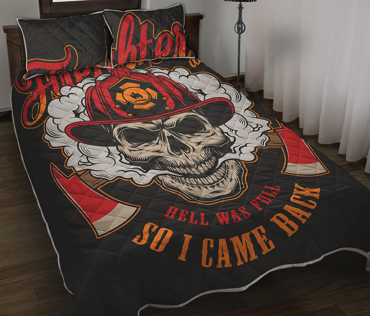 Firefighter Department Skull Print Quilt Bed Set