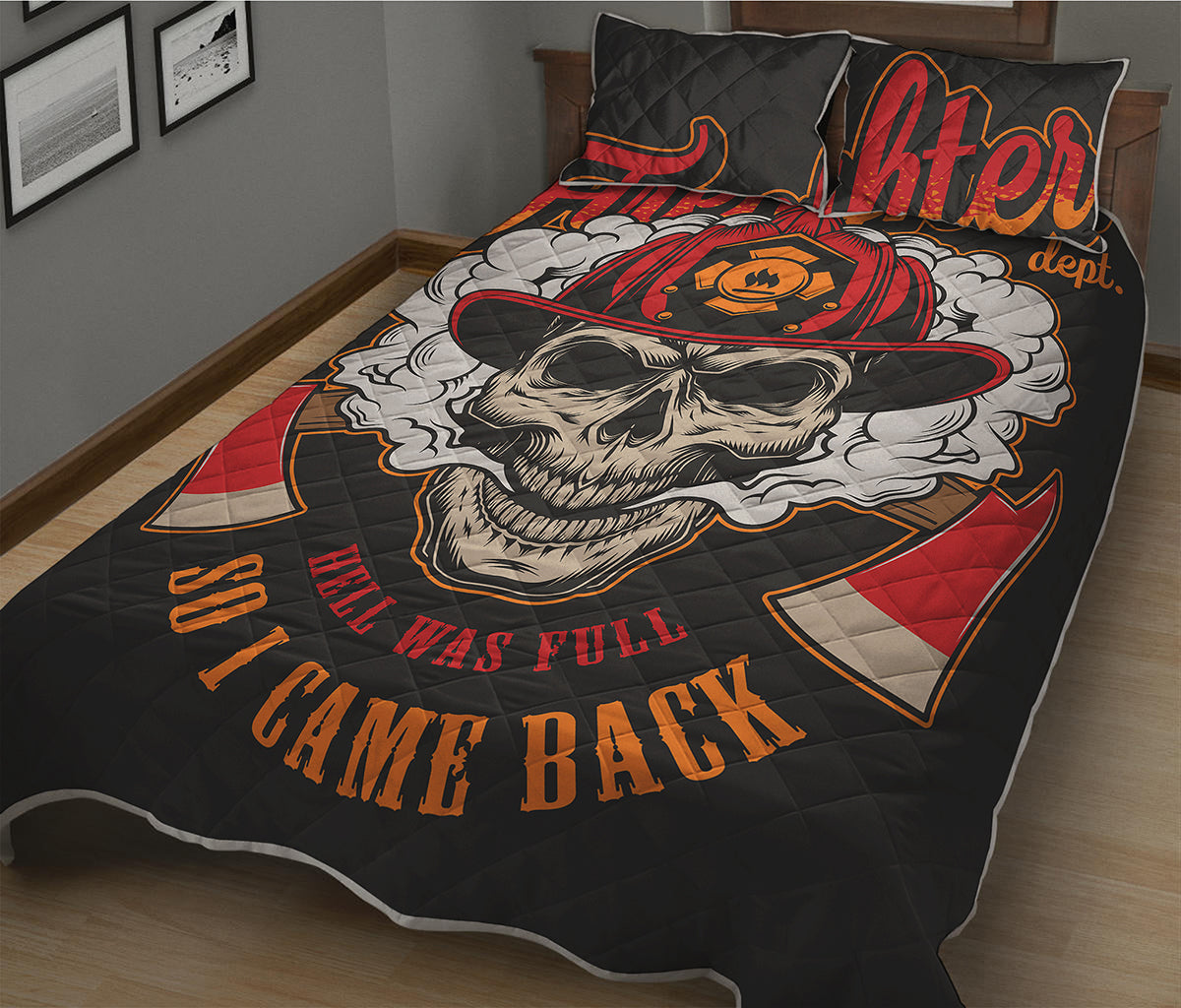 Firefighter Department Skull Print Quilt Bed Set