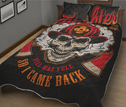 Firefighter Department Skull Print Quilt Bed Set