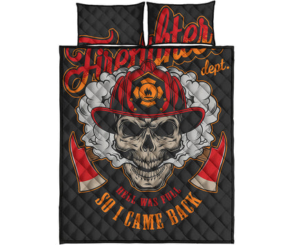 Firefighter Department Skull Print Quilt Bed Set