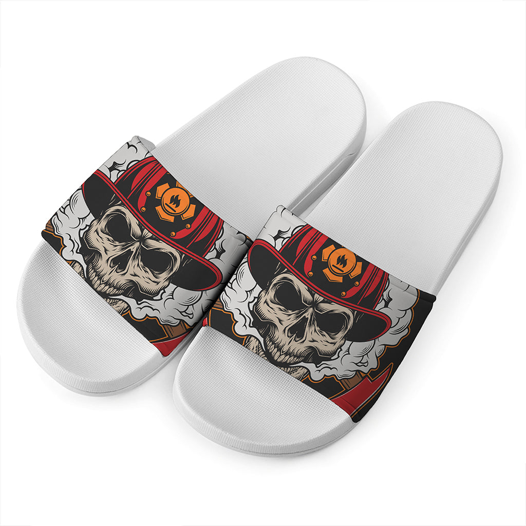 Firefighter Department Skull Print White Slide Sandals