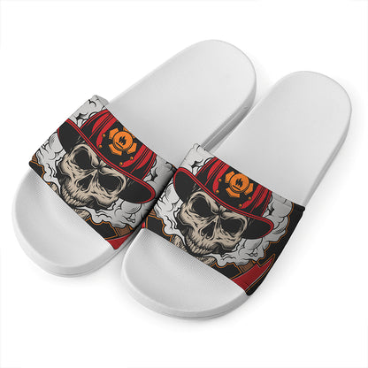 Firefighter Department Skull Print White Slide Sandals