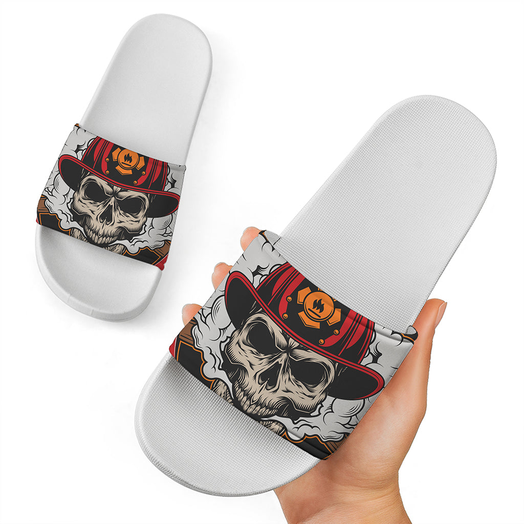Firefighter Department Skull Print White Slide Sandals
