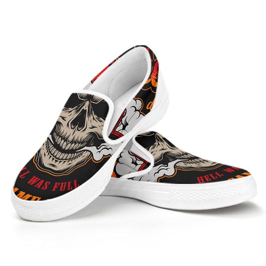 Firefighter Department Skull Print White Slip On Shoes