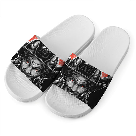 Firefighter Devil Print White Slide Sandals